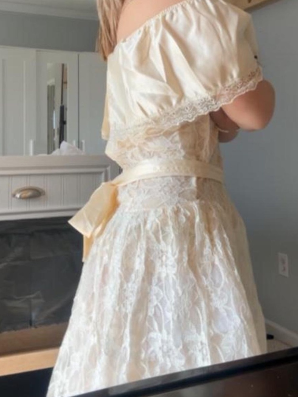 Cream Ivory Lace Off Shoulder Dress Pearl Trim Bow - Vintage Engagement/Wedding